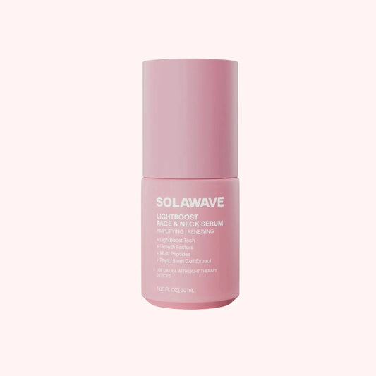 Solawave Light Therapy Boosting Face & Neck Serum bottle showing skincare topical product for facial and neck skin enhancement