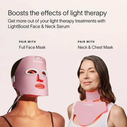 Solawave Light Therapy Boosting Face and Neck Serum in a sleek skincare topical bottle, designed for facial and neck skin care.