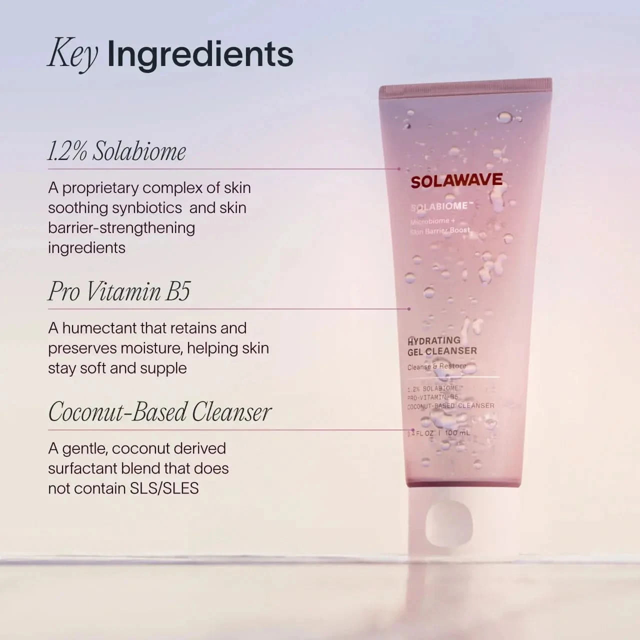 Solawave Pre- & Probiotic Hydrating Gel Cleanser in a clear tube with a white cap, designed for skincare and gentle cleansing.