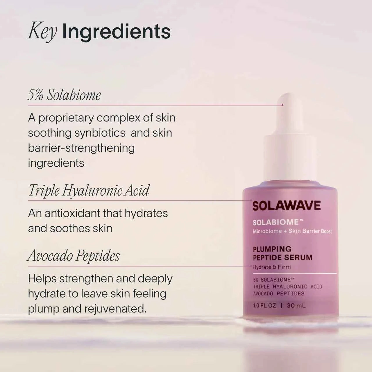 Solawave Pre- & Probiotic Plumping Peptide Serum bottle showing the skincare topical product for skin hydration and rejuvenation.