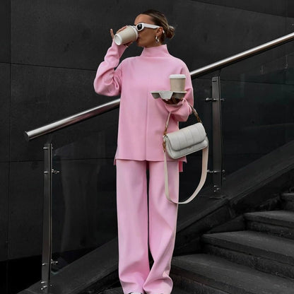 Solid Color Asymmetric Tunic & Wide Leg Pants Set(MS174)