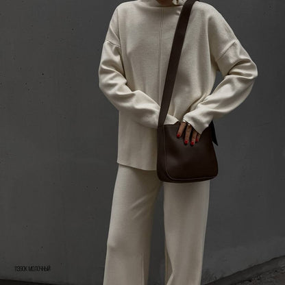 Solid Color Asymmetric Tunic & Wide Leg Pants Set(MS174)