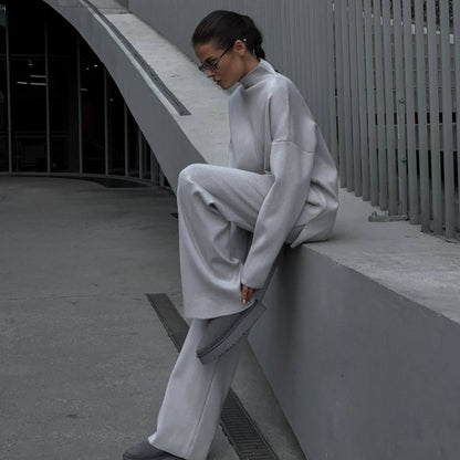 Solid Color Asymmetric Tunic & Wide Leg Pants Set(MS174)