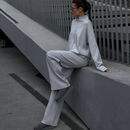 Solid Color Asymmetric Tunic & Wide Leg Pants Set(MS174)