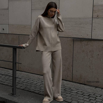 Solid Color Asymmetric Tunic & Wide Leg Pants Set(MS174)