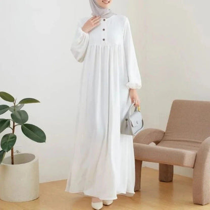 Solid Color Bubble Sleeve  with Button Casual & Elegant Long Maxi Dress Abaya (MA157)
