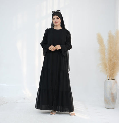 Solid Color Layered Chiffon Elegant Open Abaya 3-Piece Set (MOA132)
