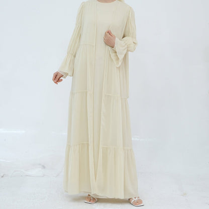 Solid Color Layered Chiffon Elegant Open Abaya 3-Piece Set (MOA132)