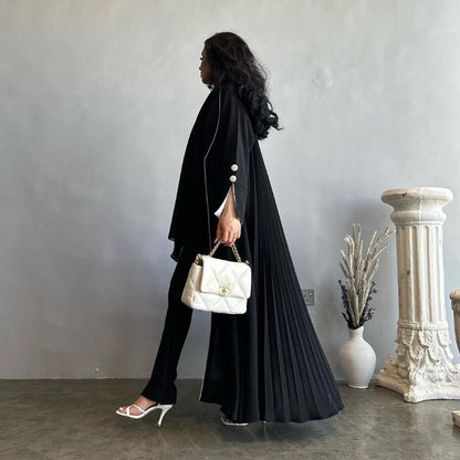 Autumn & Winter Long Dress with Open Front | Solid Color Pleated Abaya Cardigan (MOA218)