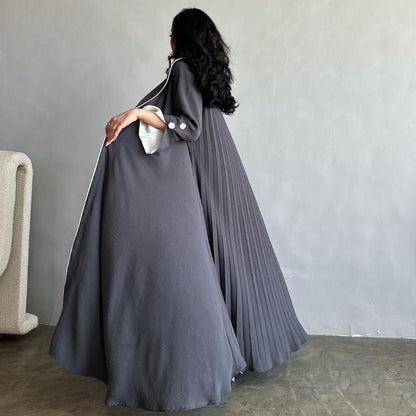 Autumn & Winter Long Dress with Open Front | Solid Color Pleated Abaya Cardigan (MOA218)