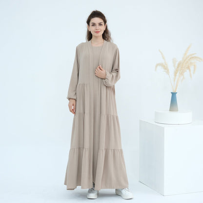 Solid Color Puff Sleeve Layered Maxi Dress Robe Dress Two-Piece Set (MOA165)