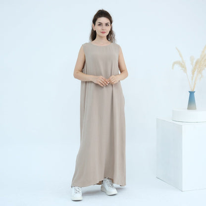 Solid Color Puff Sleeve Layered Maxi Dress Robe Dress Two-Piece Set (MOA165)