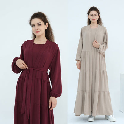 Solid Color Puff Sleeve Layered Maxi Dress Robe Dress Two-Piece Set (MOA165)