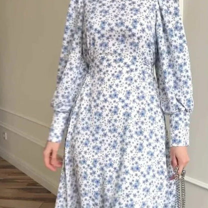Spring Floral Satin Maxi Dress | High Neck Puff Sleeve Dress with Adjustable Waist Tie - Blue & White Botanical Print (MA236)