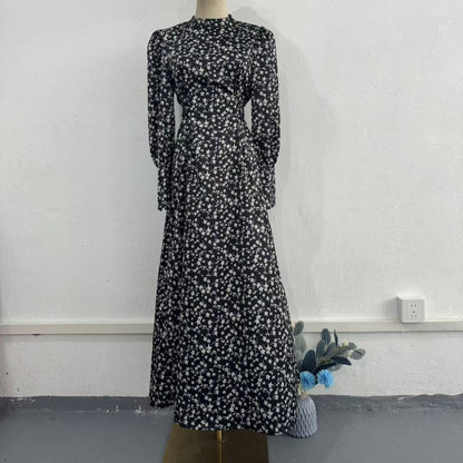 Spring Floral Satin Maxi Dress | High Neck Puff Sleeve Dress with Adjustable Waist Tie - Blue & White Botanical Print (MA236)