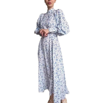 Spring Floral Satin Maxi Dress | High Neck Puff Sleeve Dress with Adjustable Waist Tie - Blue & White Botanical Print (MA236)