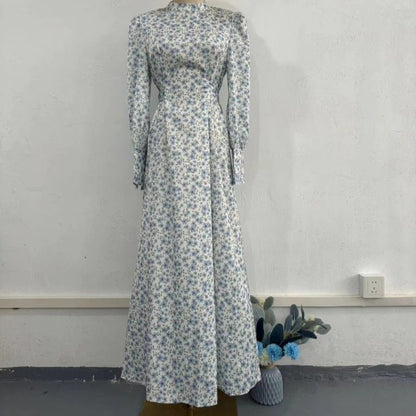 Spring Floral Satin Maxi Dress | High Neck Puff Sleeve Dress with Adjustable Waist Tie - Blue & White Botanical Print (MA236)