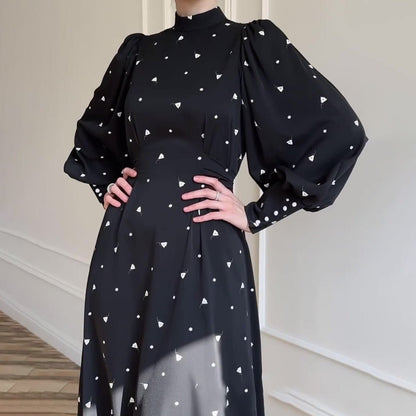 Spring Floral Satin Maxi Dress | High Neck Puff Sleeve Dress with Adjustable Waist Tie - Blue & White Botanical Print (MA236)