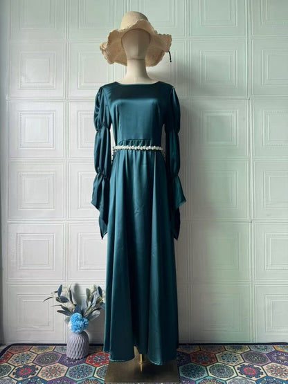 Luxury Slim-Fit Long Sleeve Dress Abaya | Emerald Green Maxi Dress (MA217)