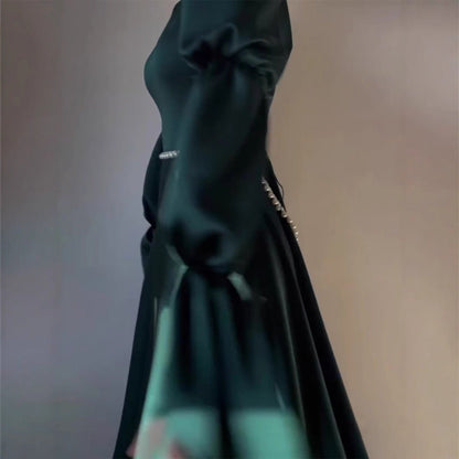 Luxury Slim-Fit Long Sleeve Dress Abaya | Emerald Green Maxi Dress (MA217)