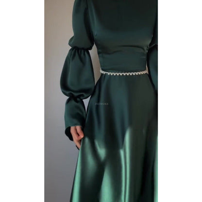 Luxury Slim-Fit Long Sleeve Dress Abaya | Emerald Green Maxi Dress (MA217)