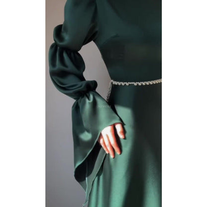 Luxury Slim-Fit Long Sleeve Dress Abaya | Emerald Green Maxi Dress (MA217)