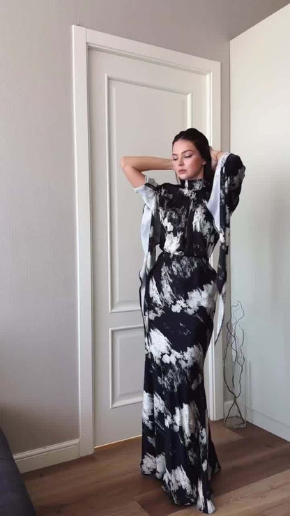 Spring Slim-Fit Lace-Up Satin Print Irregular Design Long Dress (MA162)