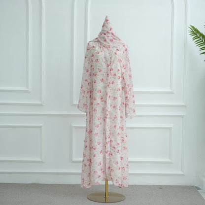 Spring Summer Floral Print Chiffon Cardigan | Double-Layer Modest Cover-Up Abaya (MOA170)