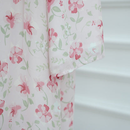 Spring Summer Floral Print Chiffon Cardigan | Double-Layer Modest Cover-Up Abaya (MOA170)