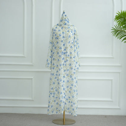 Spring Summer Floral Print Chiffon Cardigan | Double-Layer Modest Cover-Up Abaya (MOA170)