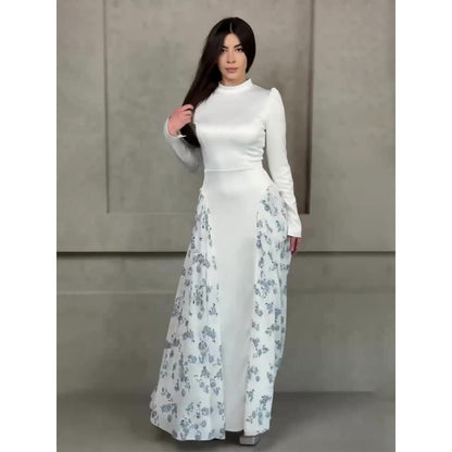 Spring Temperament Black Maxi Dress And Elegant High Neck Long Sleeve Dress with Floral Accent (MA220)