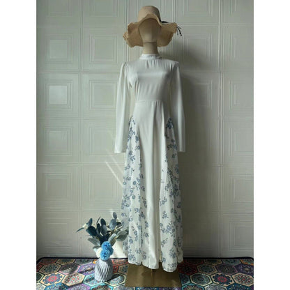 Spring Temperament Black Maxi Dress And Elegant High Neck Long Sleeve Dress with Floral Accent (MA220)
