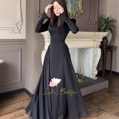 Spring Temperament Black Maxi Dress And Elegant High Neck Long Sleeve Dress with Floral Accent (MA220)