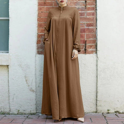 Stand-Collar Zipper Cardigan with Pockets | Modest Long Maxi Dress Abaya(MA155)