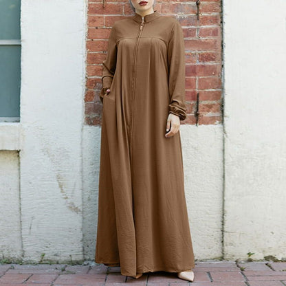 Stand-Collar Zipper Cardigan with Pockets | Modest Long Maxi Dress Abaya(MA155)