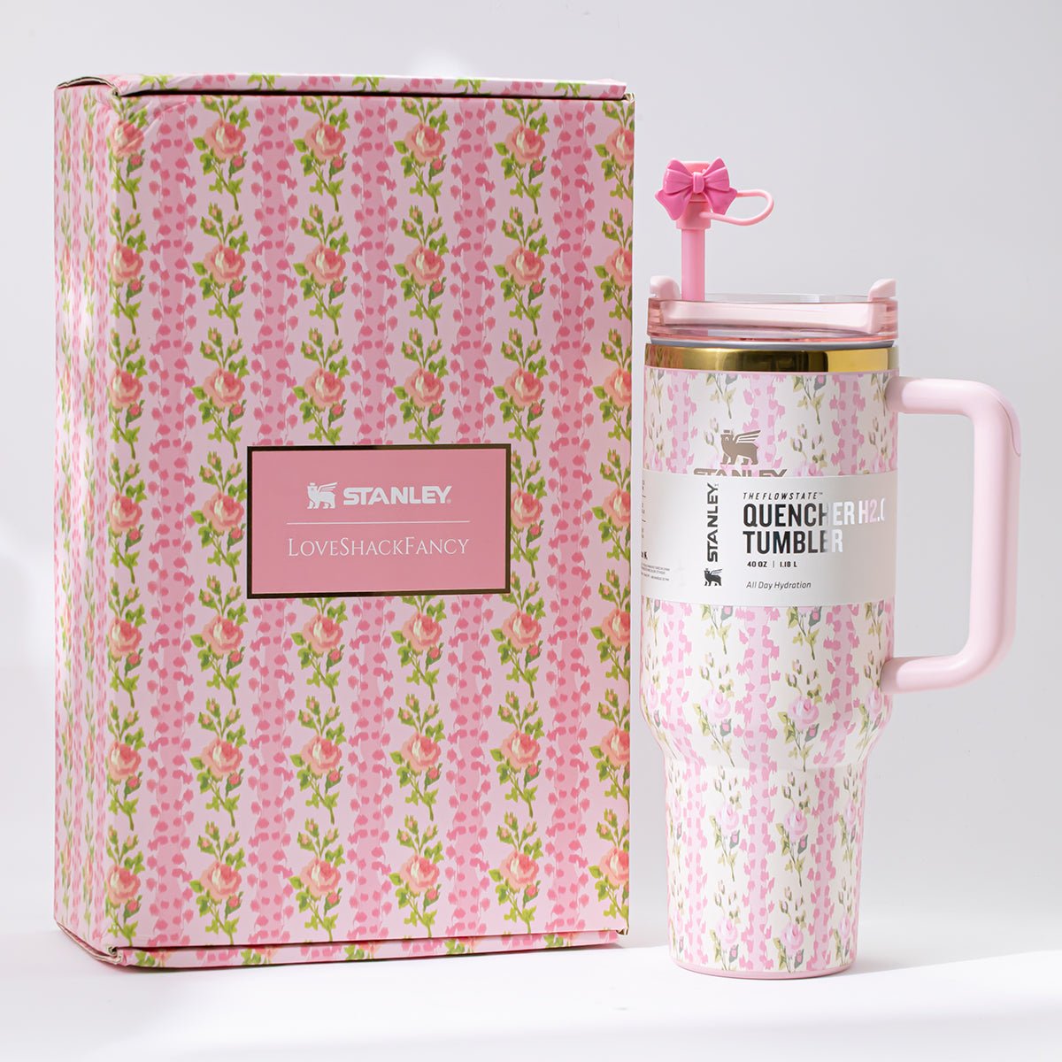 Stanley x LoveShackFancy Blooming Heirloom Quencher H2.0 FlowState Tumbler 40oz – Limited Edition Pink Floral Bow Tumbler