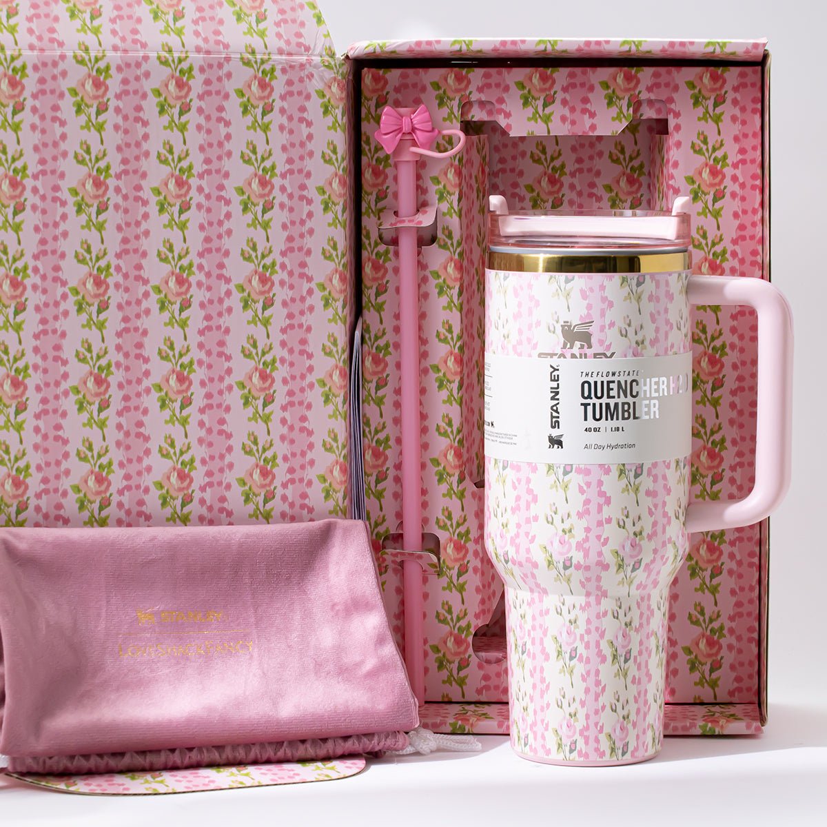 Stanley x LoveShackFancy Blooming Heirloom Quencher H2.0 FlowState Tumbler 40oz – Limited Edition Pink Floral Bow Tumbler