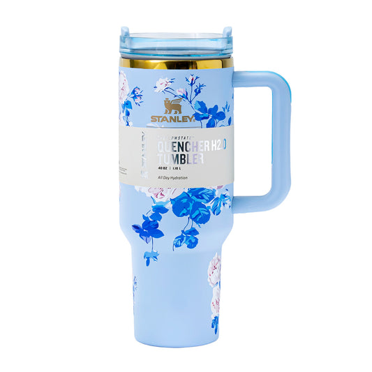 Stanley x LoveShackFancy Sky Bloom Quencher H2.0 FlowState Tumbler 40oz – Limited Edition Blue Botanical Collection with Bow Straw Topper