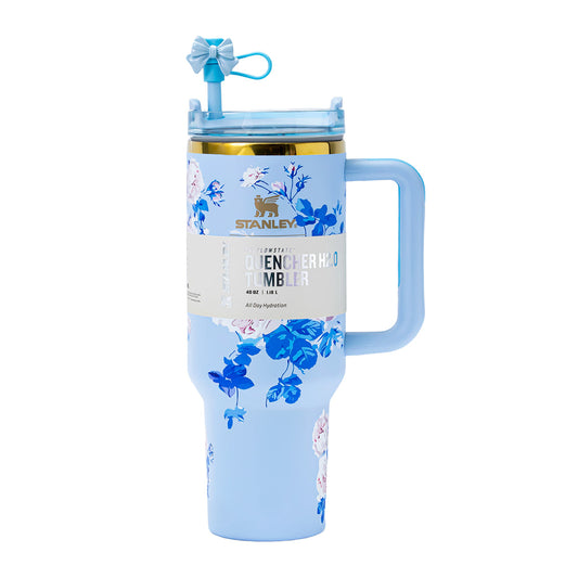 Stanley x LoveShackFancy Sky Bloom Quencher H2.0 FlowState Tumbler 40oz – Limited Edition Blue Botanical Collection with Bow Straw Topper