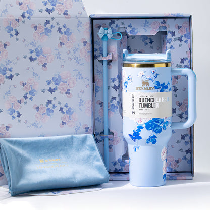 Stanley x LoveShackFancy Sky Bloom Quencher H2.0 FlowState Tumbler 40oz – Limited Edition Blue Botanical Collection with Bow Straw Topper