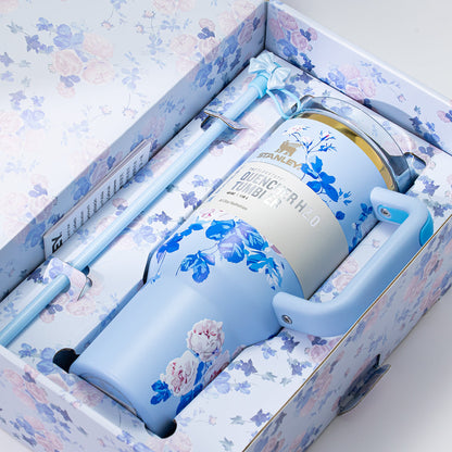 Stanley x LoveShackFancy Sky Bloom Quencher H2.0 FlowState Tumbler 40oz – Limited Edition Blue Botanical Collection with Bow Straw Topper