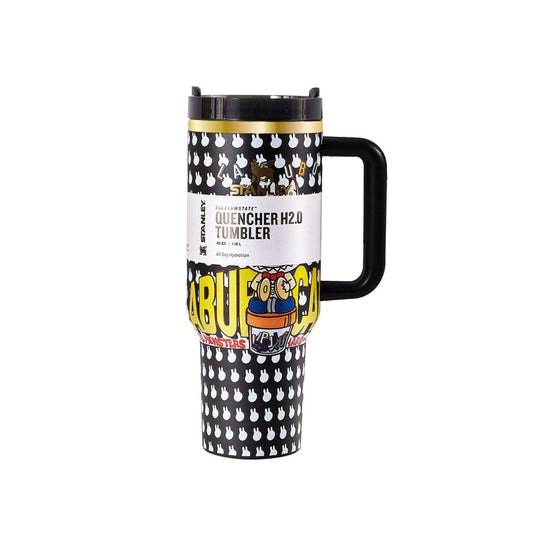 Stanley x Labubu limited edition black tumbler, durable stainless steel Stanley quencher for hot and cold drinks, outdoor use.