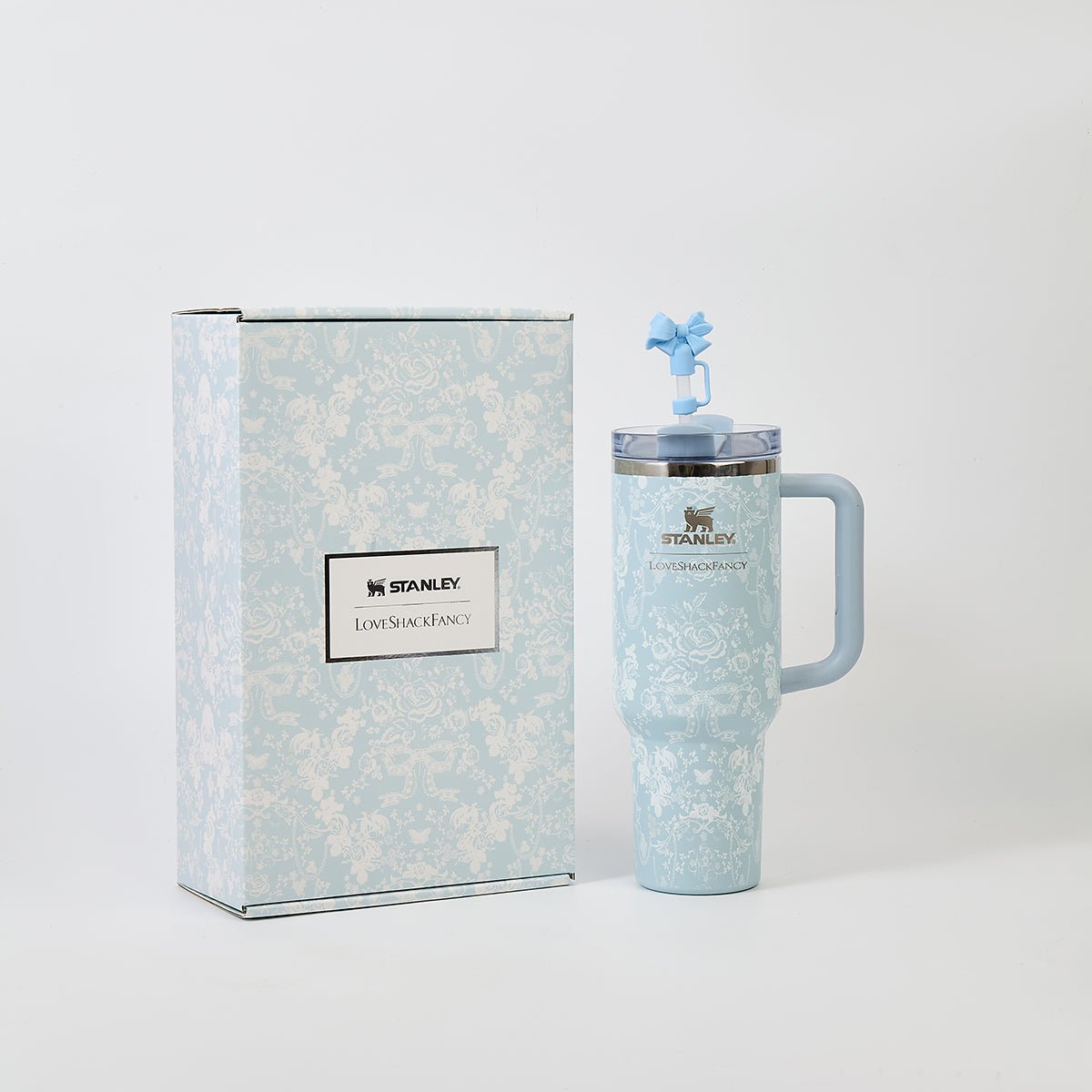 STANLEY LoveShackFancy Toscana Toile Alpine Quencher H2.0 40oz tumbler in blue with floral toile pattern, limited edition design