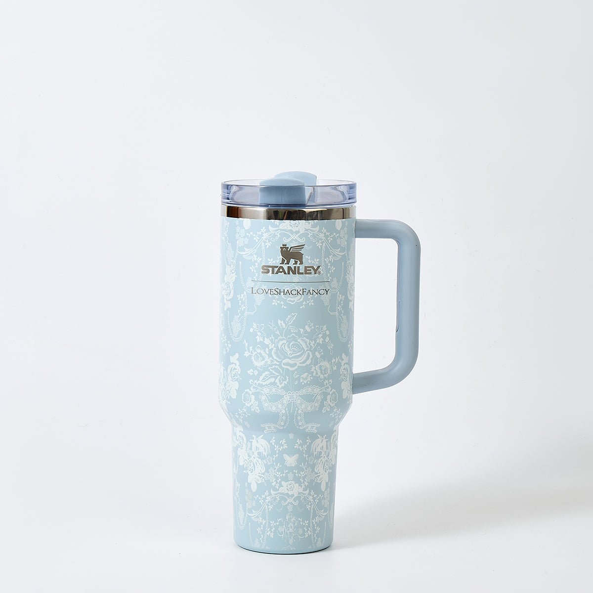 Blue Stanley LoveShackFancy Toscana Toile Alpine Quencher H2.0 40oz tumbler with floral toile design, durable stainless steel construction.