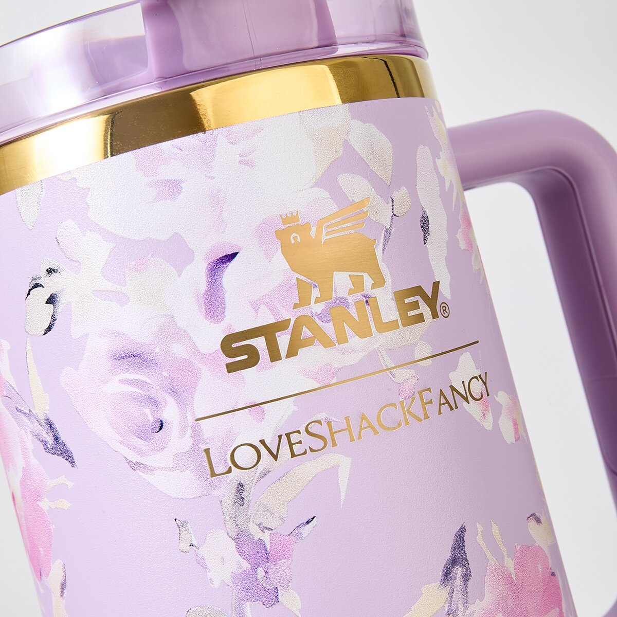 Stanley x LoveShackFancy floral lavender 40oz FlowState tumbler with lavender blossom bow, durable stainless steel drinkware.