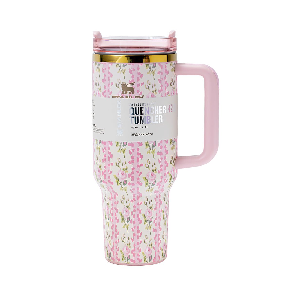 Stanley x LoveShackFancy Blooming Heirloom Quencher H2.0 Pink Floral Tumbler, 40oz, with floral bow design, limited edition.