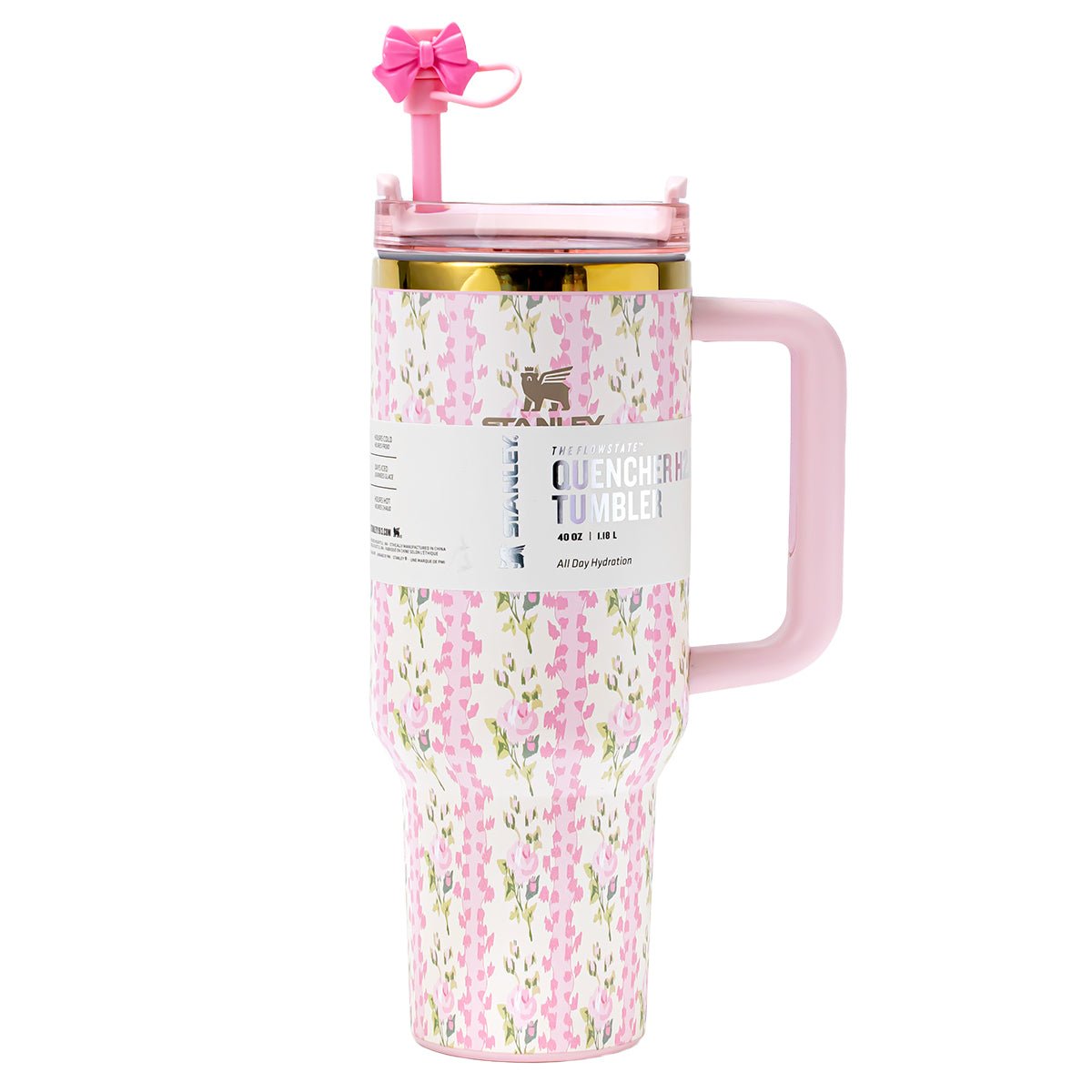 STANLEY Blooming Heirloom Quencher H2.0 FlowState 40oz tumbler with pink floral design and pink bow, limited edition.
