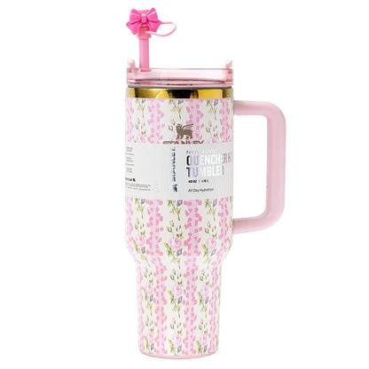 STANLEY Blooming Heirloom Quencher H2.0 FlowState 40oz tumbler with pink floral design and pink bow, limited edition.