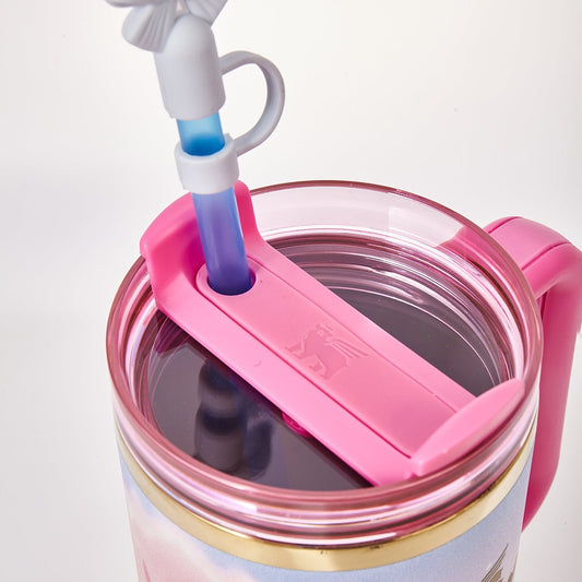 Pink STANLEY Stitch & Angel's Love Garden tumbler with floral design, perfect for hot or cold beverages.