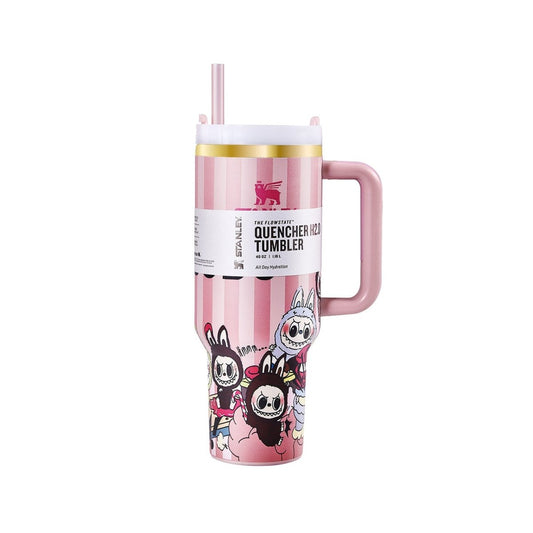 Stanley x Labubu limited edition pink stripe tumbler with a sleek design perfect for keeping beverages hot or cold.